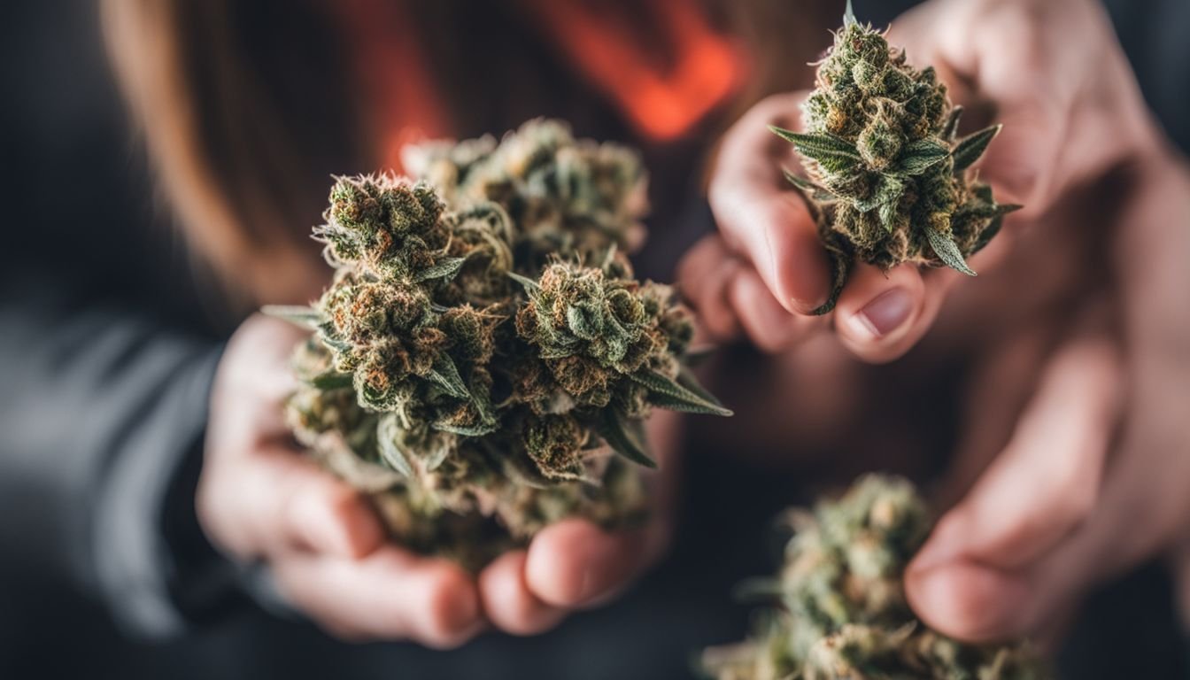 A close-up of two cannabis buds, Skywalker Strain and Ghost OG Strain.