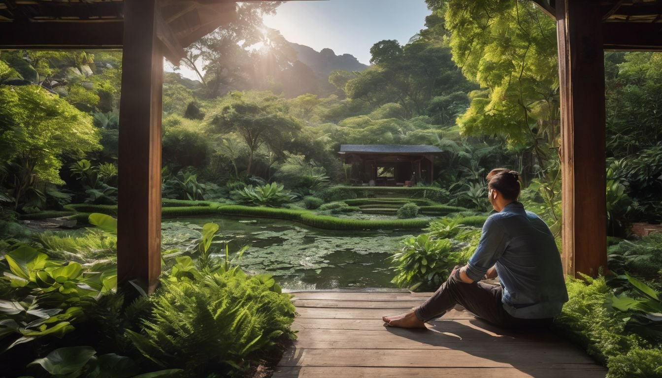 A person sitting in a peaceful garden surrounded by nature.