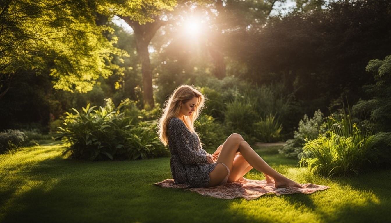 A person enjoying the sun in a lush garden with various people and scenery.