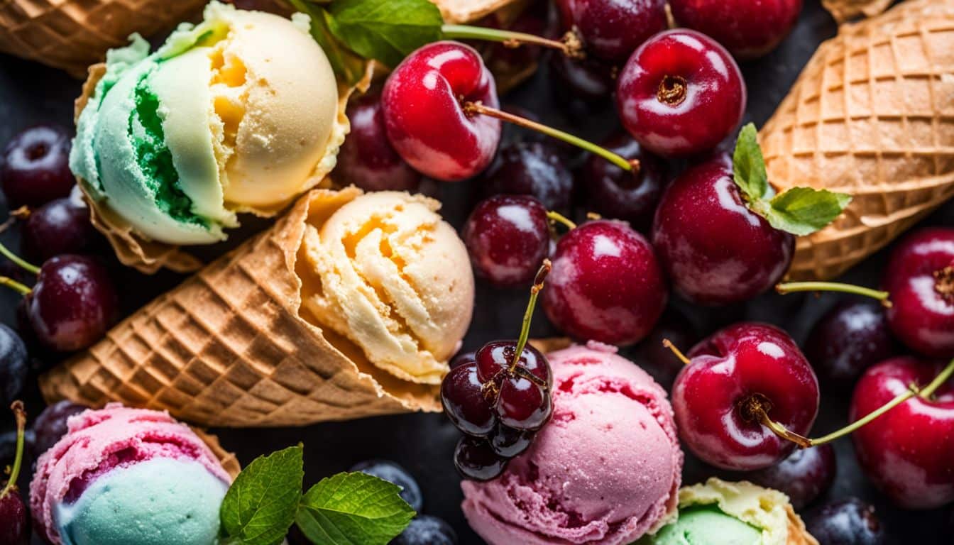 A vibrant ice cream cone surrounded by cherries and diverse people.