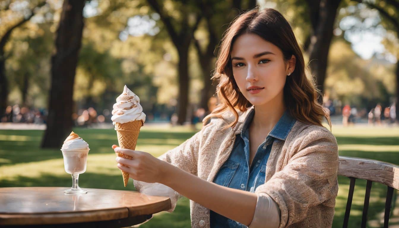 A person enjoying ice cream in a sunny park setting.