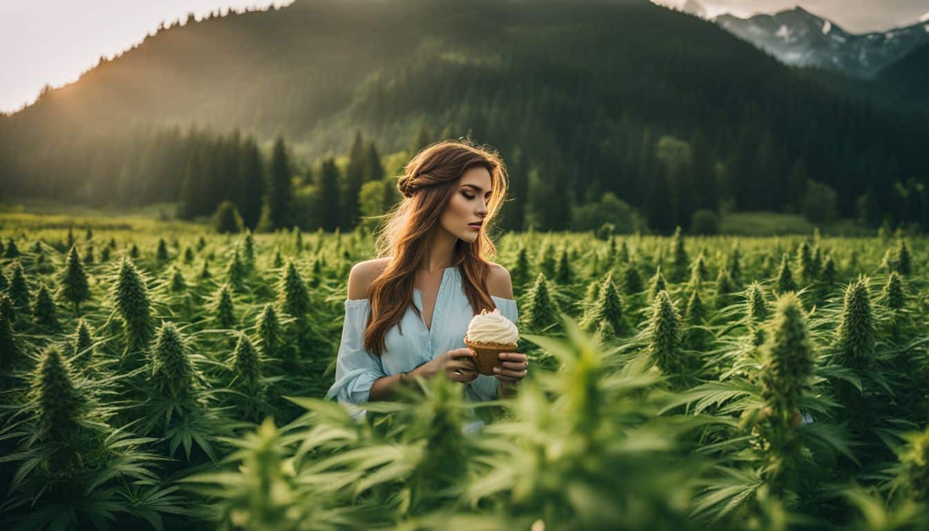 A person in a cannabis field surrounded by ice cream cones.