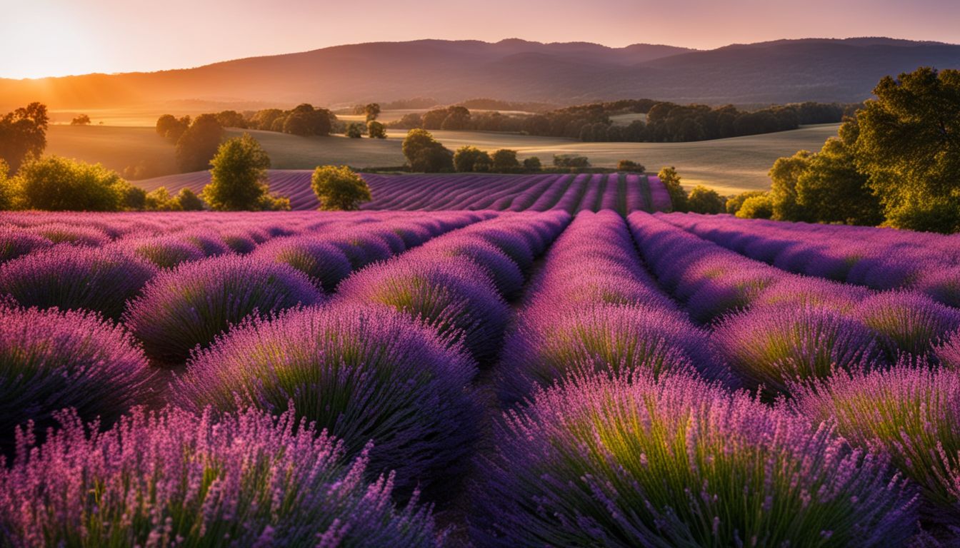 A colorful sunset over a lavender field with diverse people and styles.