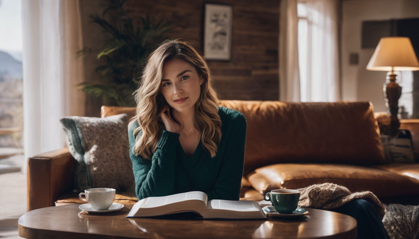 A Caucasian woman relaxing in a cozy living room with a book and tea.