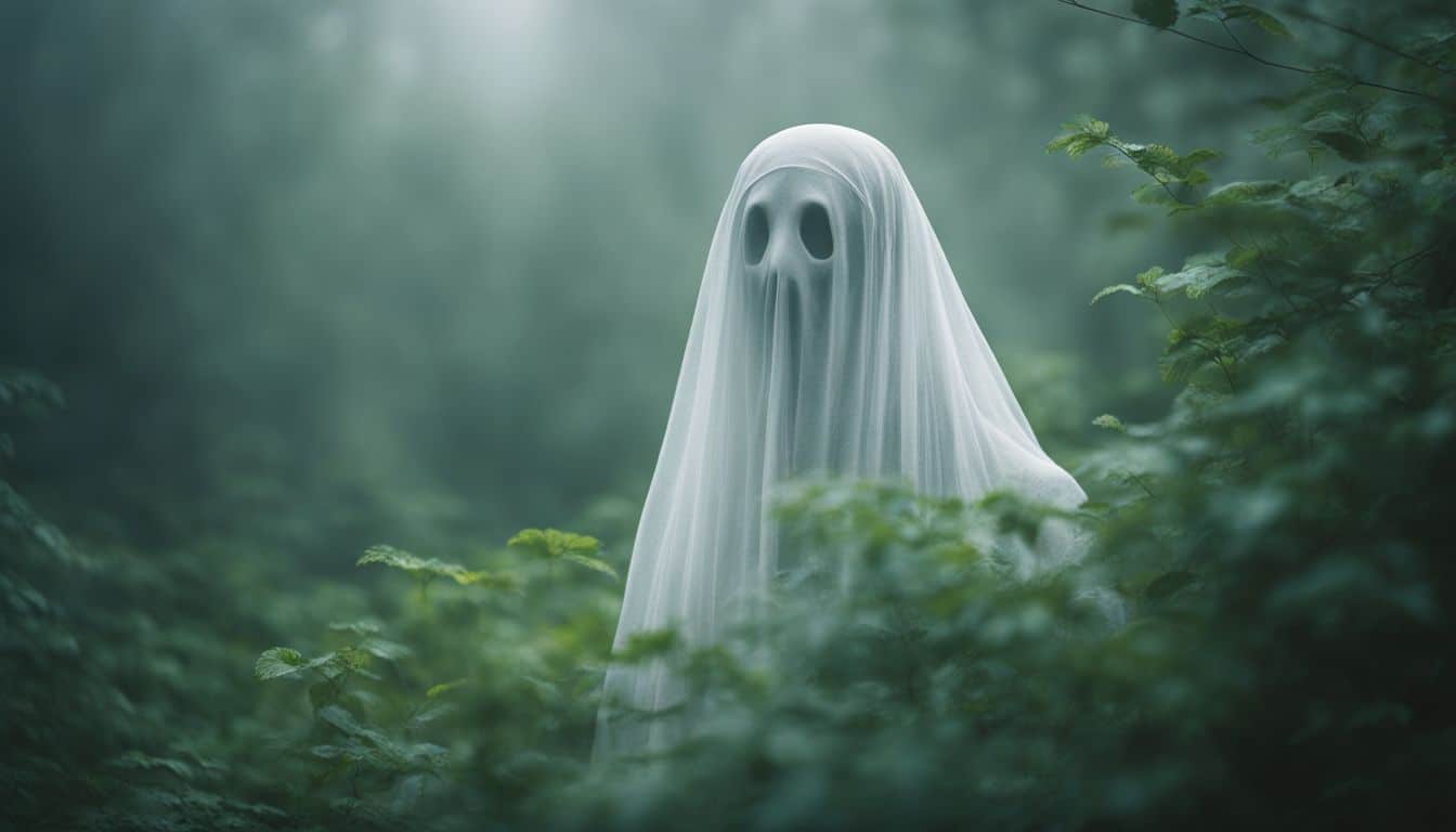 A ghost-like figure amidst lush green foliage in a cinematic photograph.