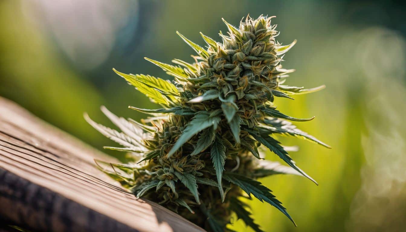 Close-up of a vibrant Gelatti marijuana bud on a wooden table.