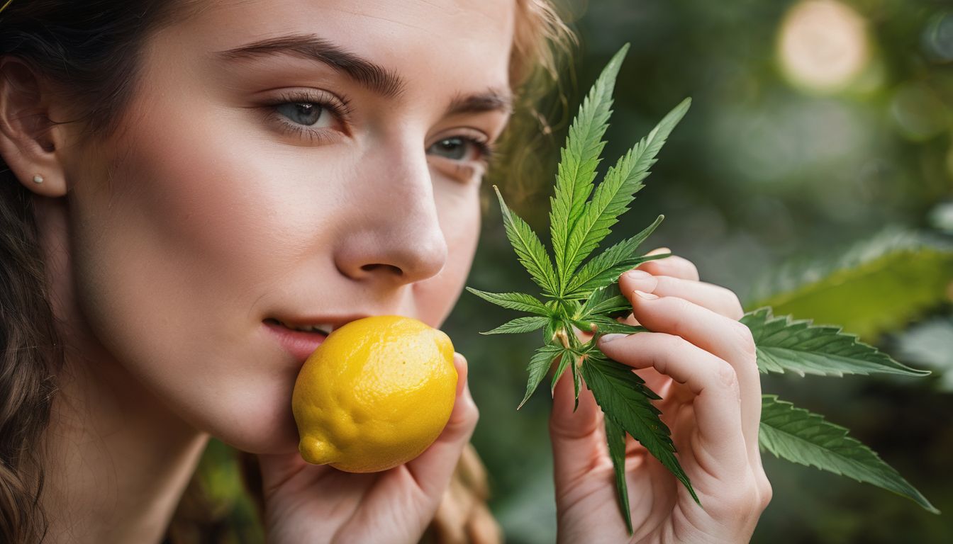 A person holding a lemon and a cannabis bud in their hands.