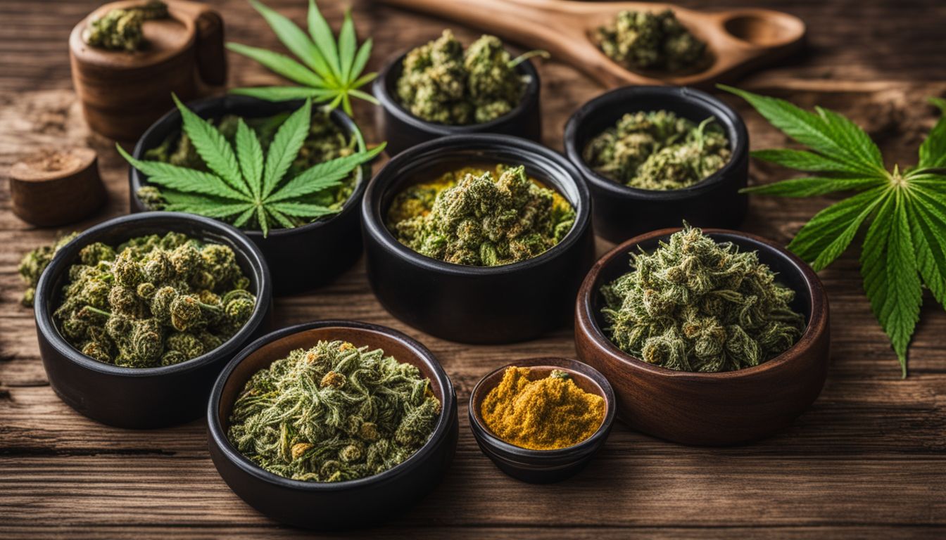 A collection of cannabis strains showcased on a rustic wooden table.