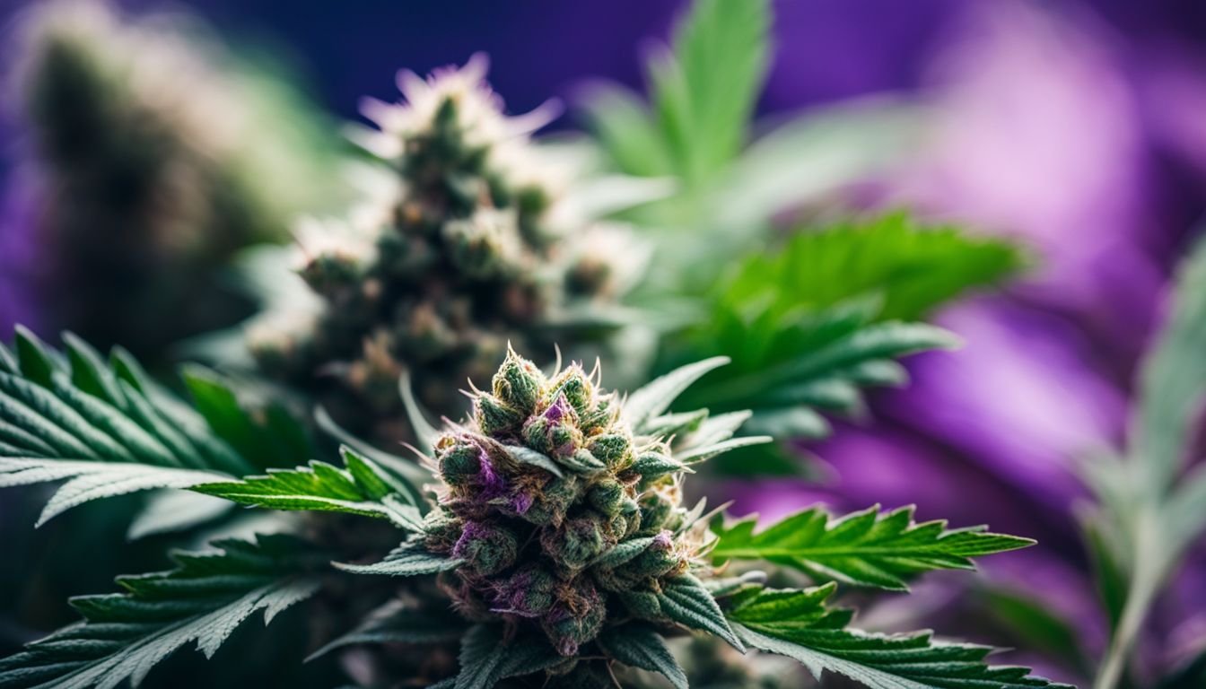 Close-up of two marijuana buds, one purple and one green.