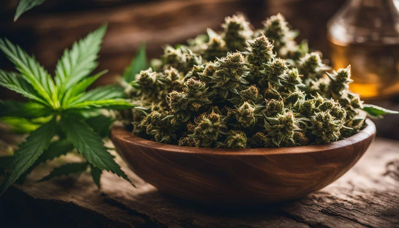 A photo of Dolato buds in a rustic bowl with cannabis plants.