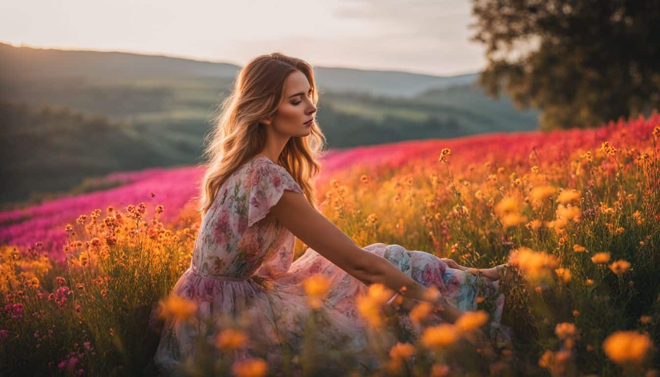 A person sitting in a field of vibrant flowers surrounded by a colorful haze.