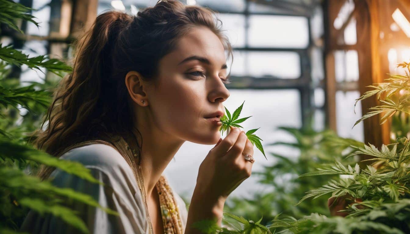 A Caucasian woman surrounded by colorful plants smelling a cannabis bud.