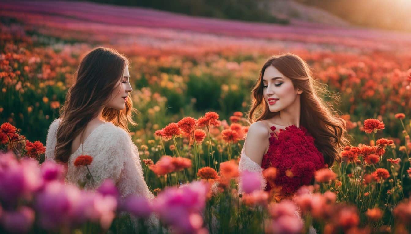 A diverse group of people surrounded by vibrant blooming flowers.