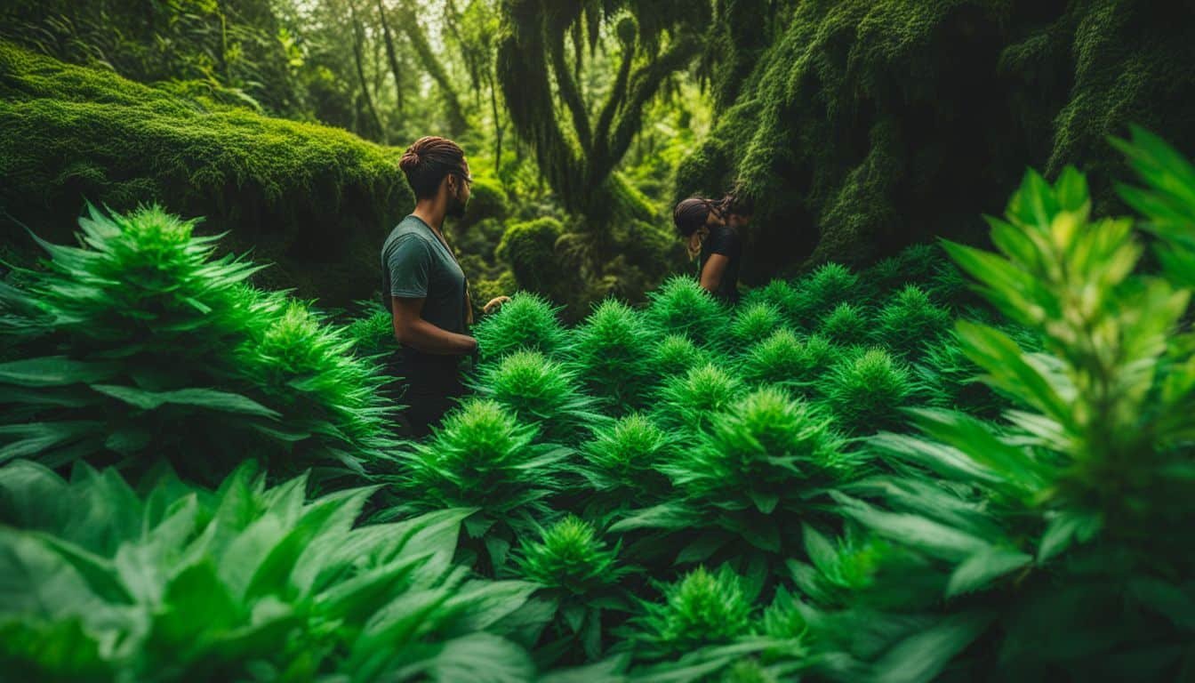 A photo of Super Boof Strain buds surrounded by diverse people.