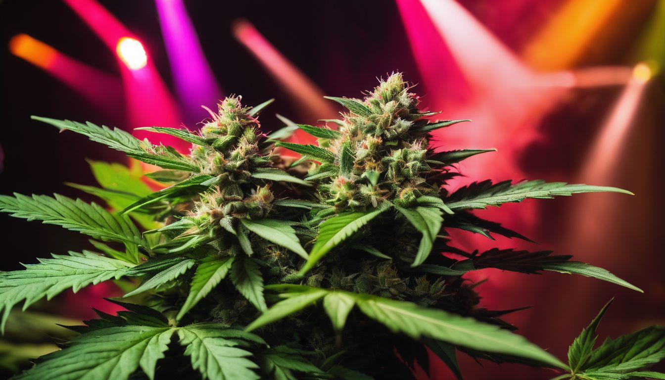 A vibrant photo of Super Boof strain with colorful marijuana leaves.