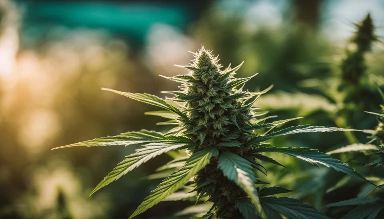 Close-up photo of a cannabis plant, various people with different looks.