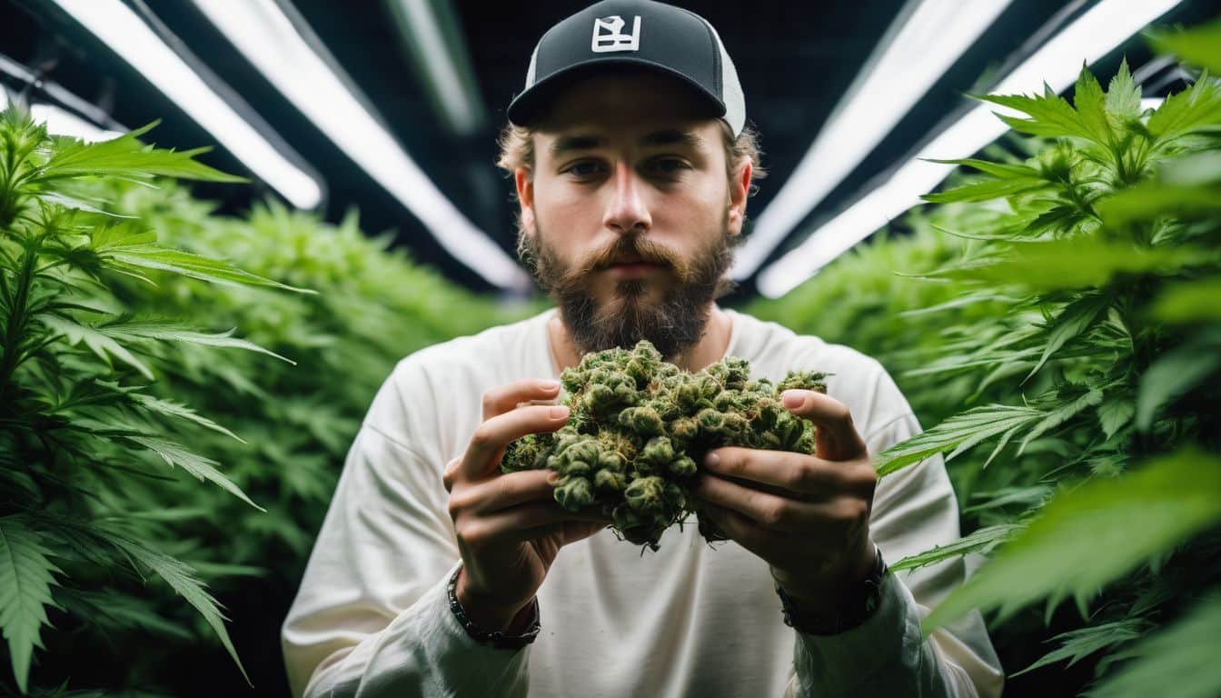 A person with Ghost Train Haze cannabis surrounded by marijuana plants.