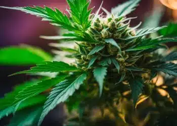 A close-up photo of a Donny Burger cannabis plant with vibrant leaves and THC crystals.