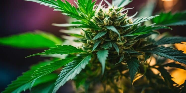 A close-up photo of a Donny Burger cannabis plant with vibrant leaves and THC crystals.