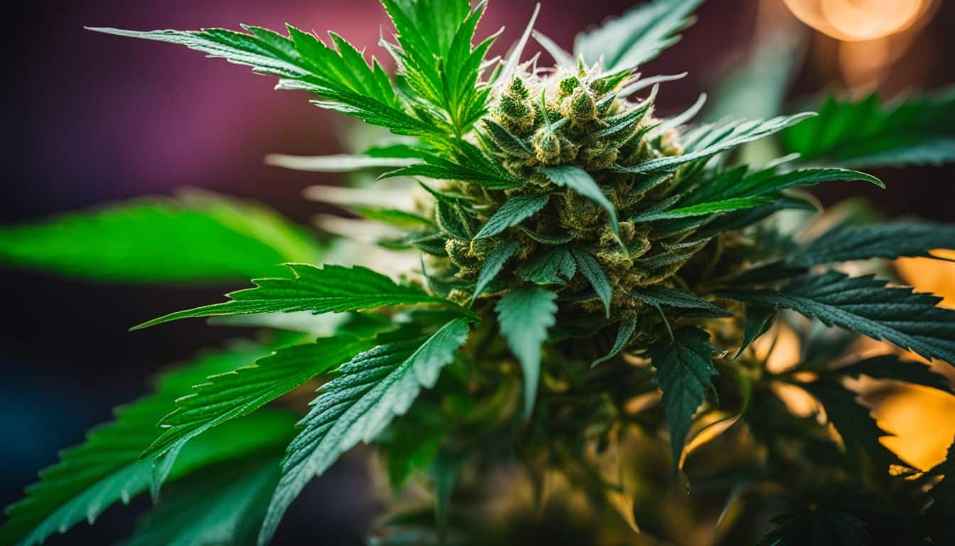 A close-up photo of a Donny Burger cannabis plant with vibrant leaves and THC crystals.