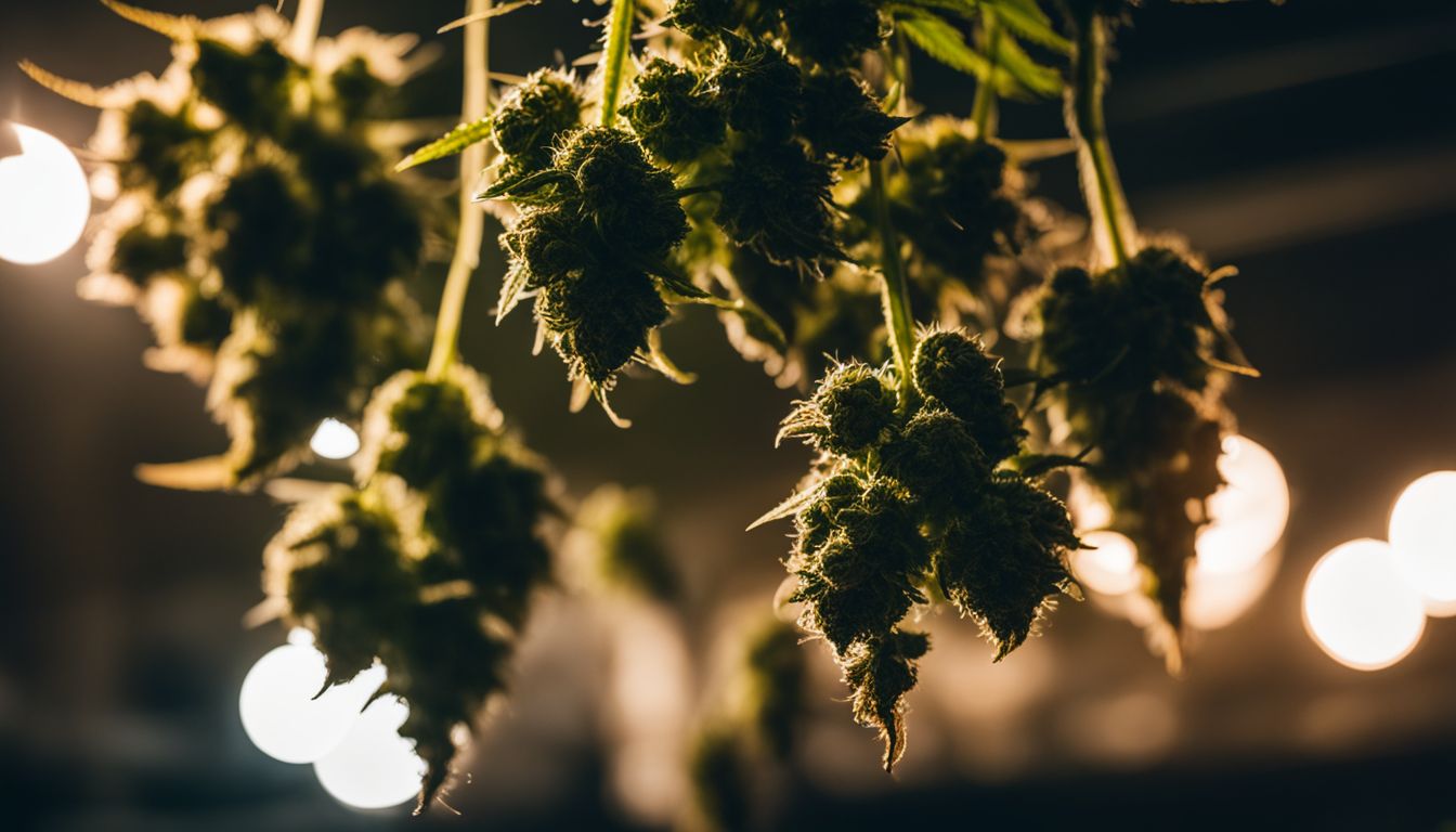A photo of cannabis buds hanging in a dimly lit room.